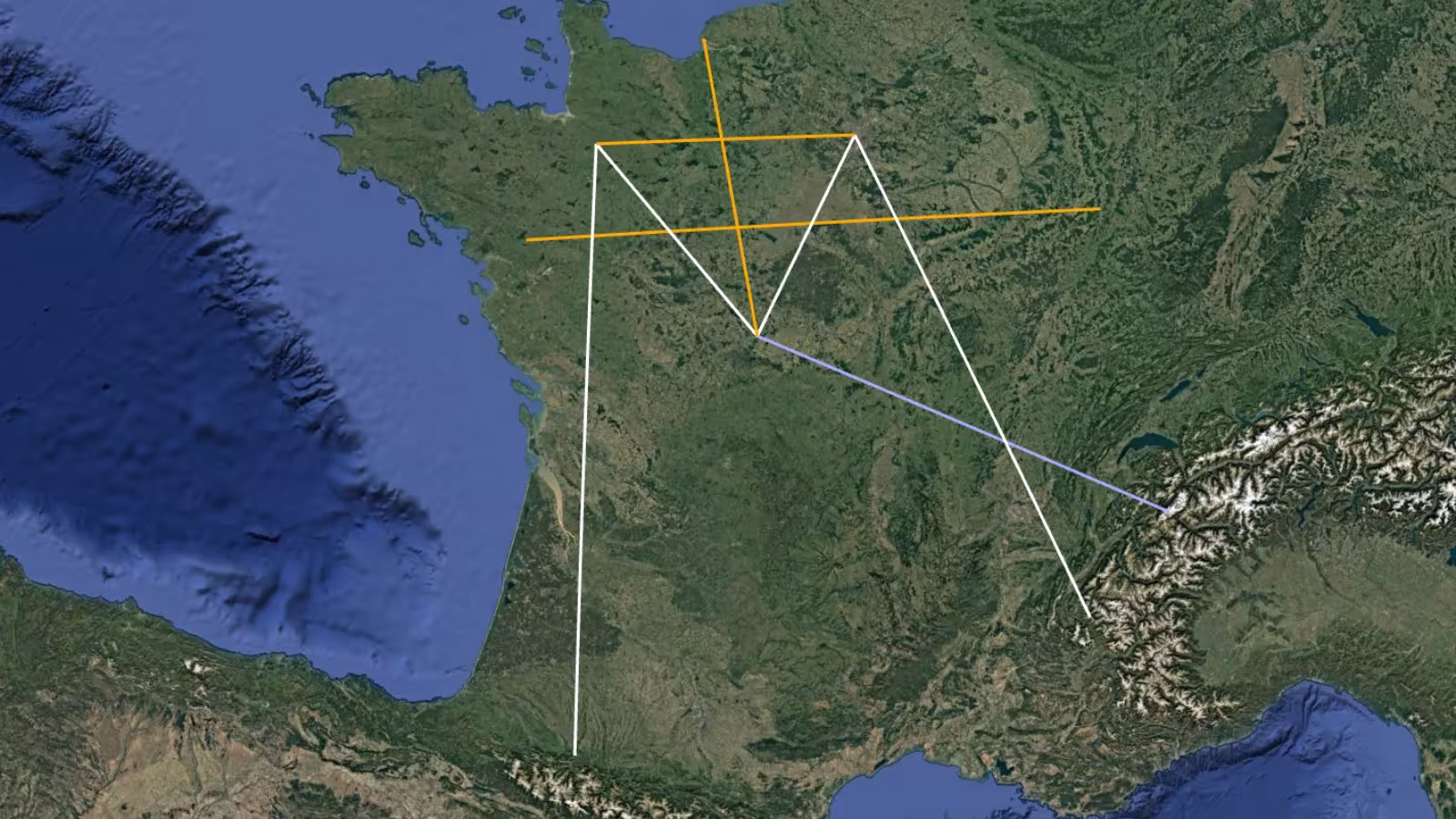 Le M de Marie et la croix du Christ sur la France vus dans Google Earth.
