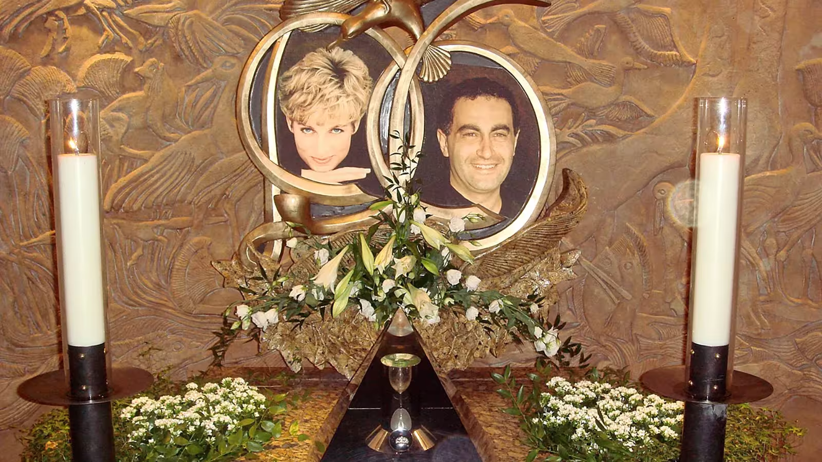 Memorial dedicated to Lady Diana and Dodi Al Fayed at Harrods store, formerly owned by Mohamed Al Fayed.