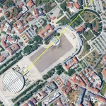 Satellite view of the Sanctuary of Our Lady of Fátima, with the line leading towards Saint Petersburg.