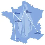 Représentation contemporaine du M de Marie et ses lieux de pélerinage. Source : Pellevoisin.net